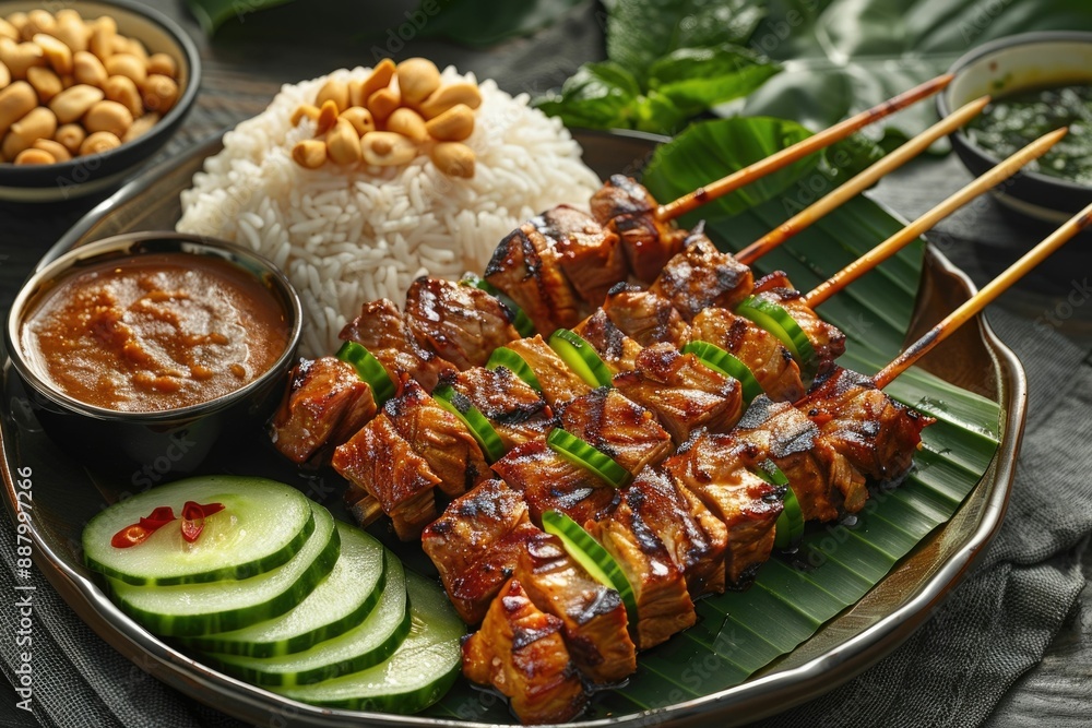 Skewered grilled meat with peanut sauce a traditional Malaysian dish. Skewered grilled meat with peanut sauce a traditional Malaysian dish.