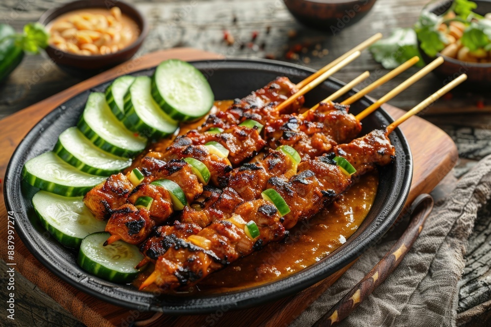 Skewered grilled meat with peanut sauce a traditional Malaysian dish. Skewered grilled meat with peanut sauce a traditional Malaysian dish.