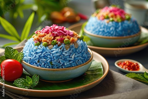 Traditional Malaysian food  Nasi kerabu  a popular blue rice dish. photo