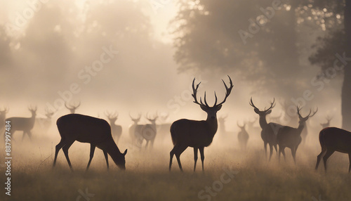 silhouette of A herd of deer grazing in a meadow, early morning mist
