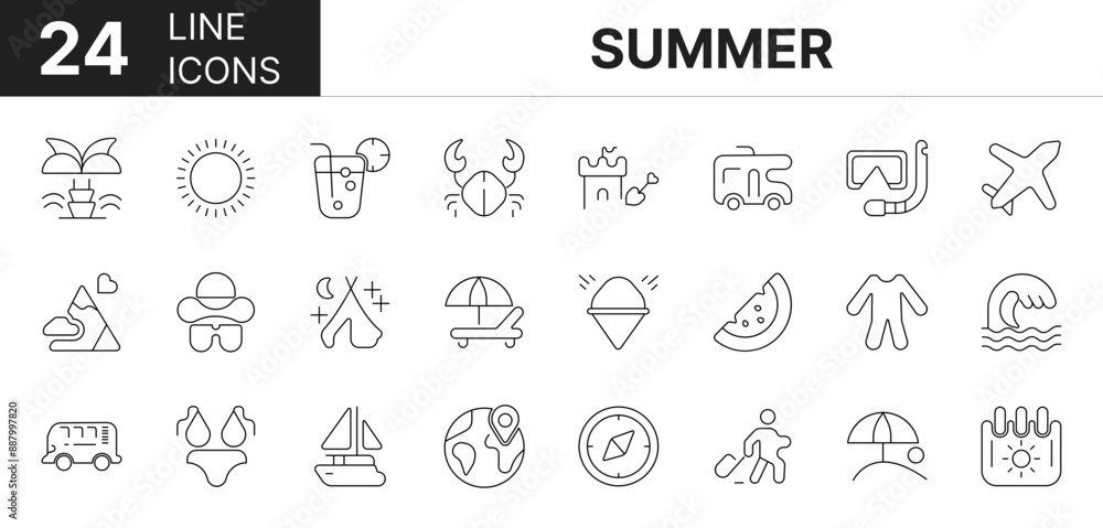 Collection of 24 summer line icons featuring editable strokes. These outline icons depict various modes of summer, beach, travel, hotel, tour, tourism, vacation, sun, sea, holiday, island, Collection of 24 summer line icons featuring editable strokes. These outline icons depict various modes of summer, beach, travel, hotel, tour, tourism, vacation, sun, sea, holiday, island,