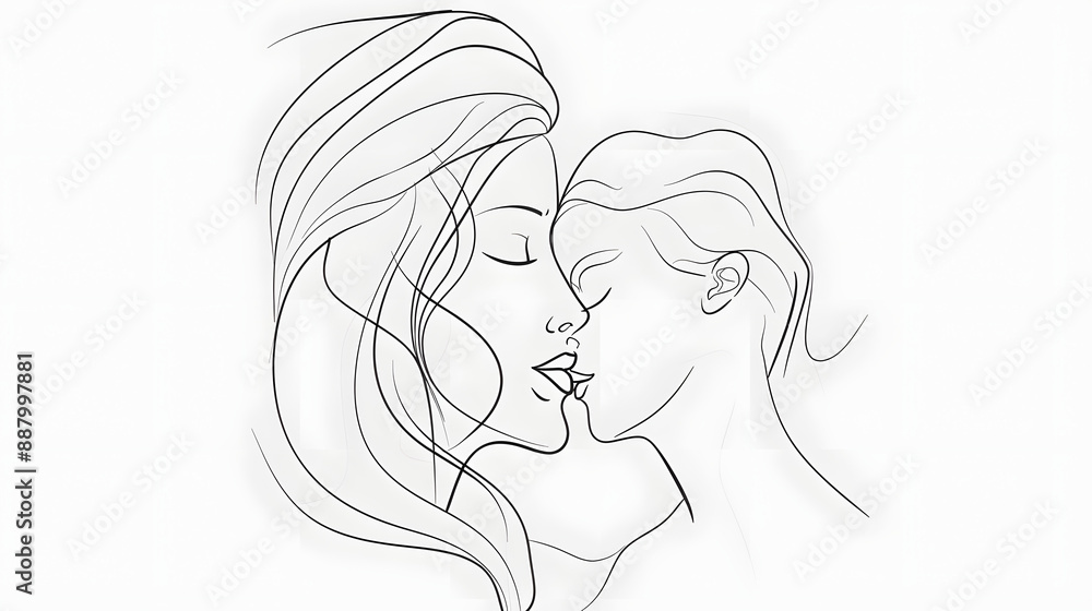 Mother's Day Black Line Drawing with Clean Lines on Plain Backdrop.






