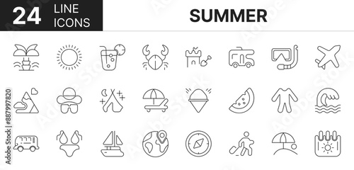 Collection of 24 summer line icons featuring editable strokes. These outline icons depict various modes of summer, beach, travel, hotel, tour, tourism, vacation, sun, sea, holiday, island,