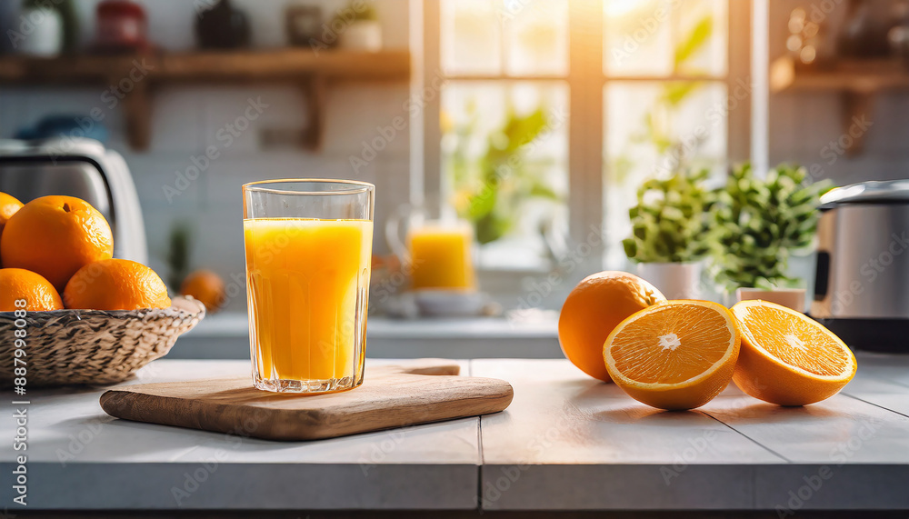 Freshly squeezed orange juice in a modern kitchen bathed in sunlight, with whole oranges around Freshly squeezed orange juice in a modern kitchen bathed in sunlight, with whole oranges around