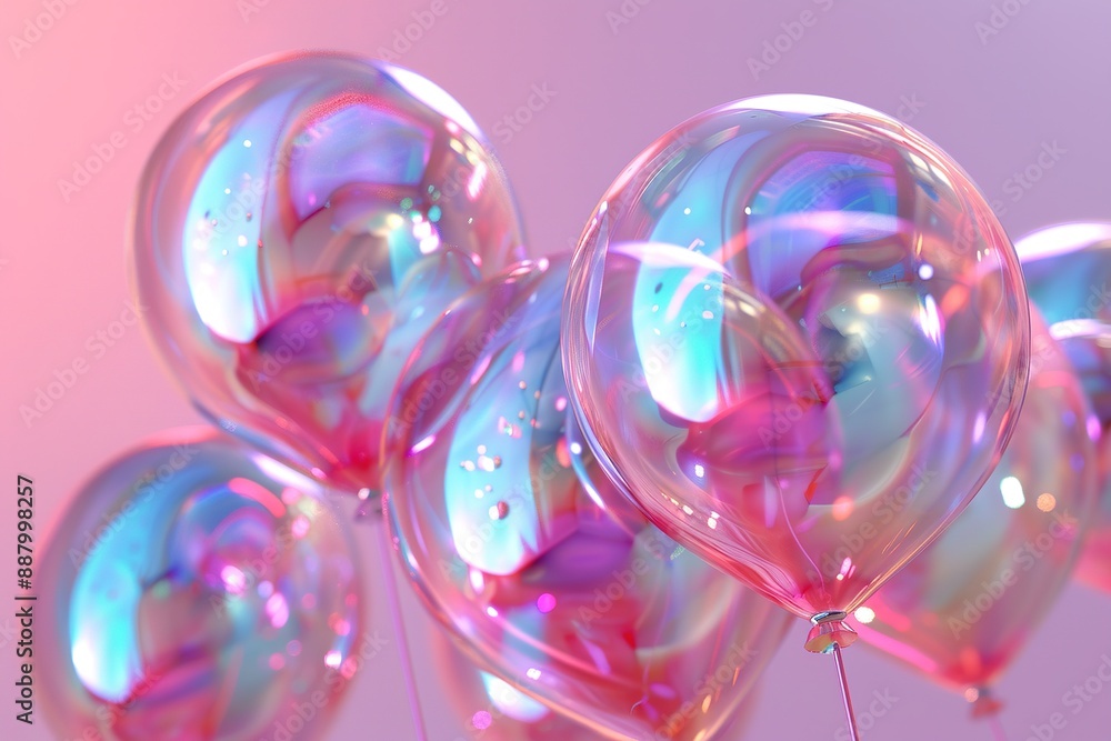 Iridescent balloons against a pink backdrop, suggesting a festive celebration. Iridescent balloons against a pink backdrop, suggesting a festive celebration.