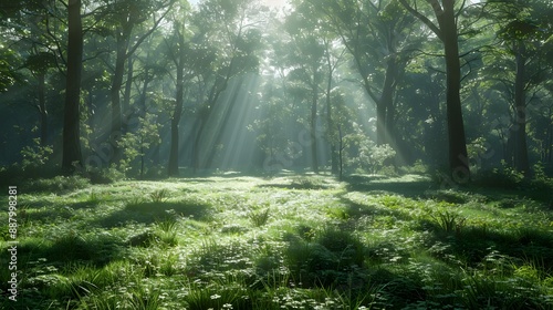 Sunlight Filtering Through a Serene Forest Canopy