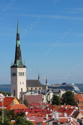 View, from a viewpoint in central Tallinn, towards the old medieval part of the city, full of old historical buildings, Estonia