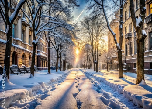 Winter urban landscape featuring a snow-covered city street empty of people with footprints leading into the distance, conveying a sense of solitude and exercise routine.