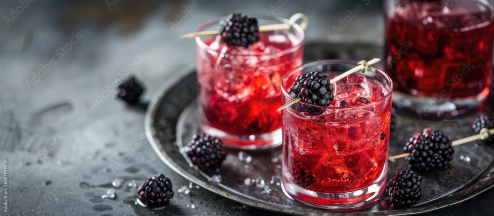 Two glasses of blackberry mocktail on a metal tray garnished with blackberry skewers creating a striking copy space image Two glasses of blackberry mocktail on a metal tray garnished with blackberry skewers creating a striking copy space image