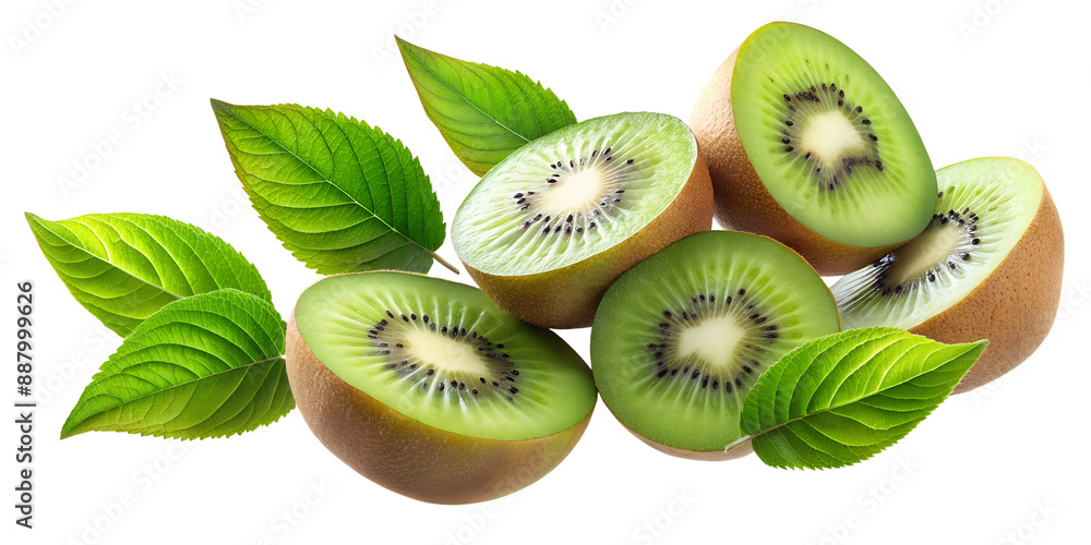 Fototapeta premium Kiwi Fruit Slice Floating with Green Leaves in the Air, Cut Out.
