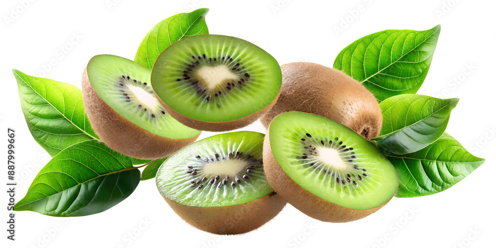 Fototapeta premium Kiwi Fruit Slice Floating with Green Leaves in the Air, Cut Out.