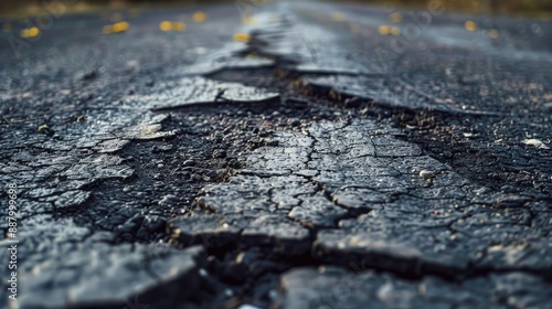 Poor condition of deteriorating asphalt road close up photo