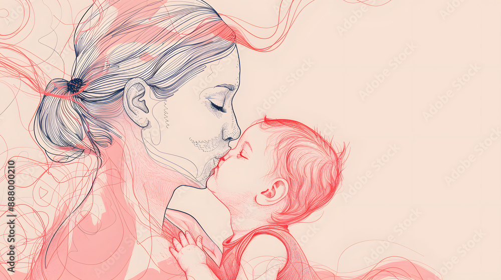 Mother's Day Continuous Line Drawing of a Mother Kissing Her Baby, Celebrating Love and Care. Mother's Day Continuous Line Drawing of a Mother Kissing Her Baby, Celebrating Love and Care.