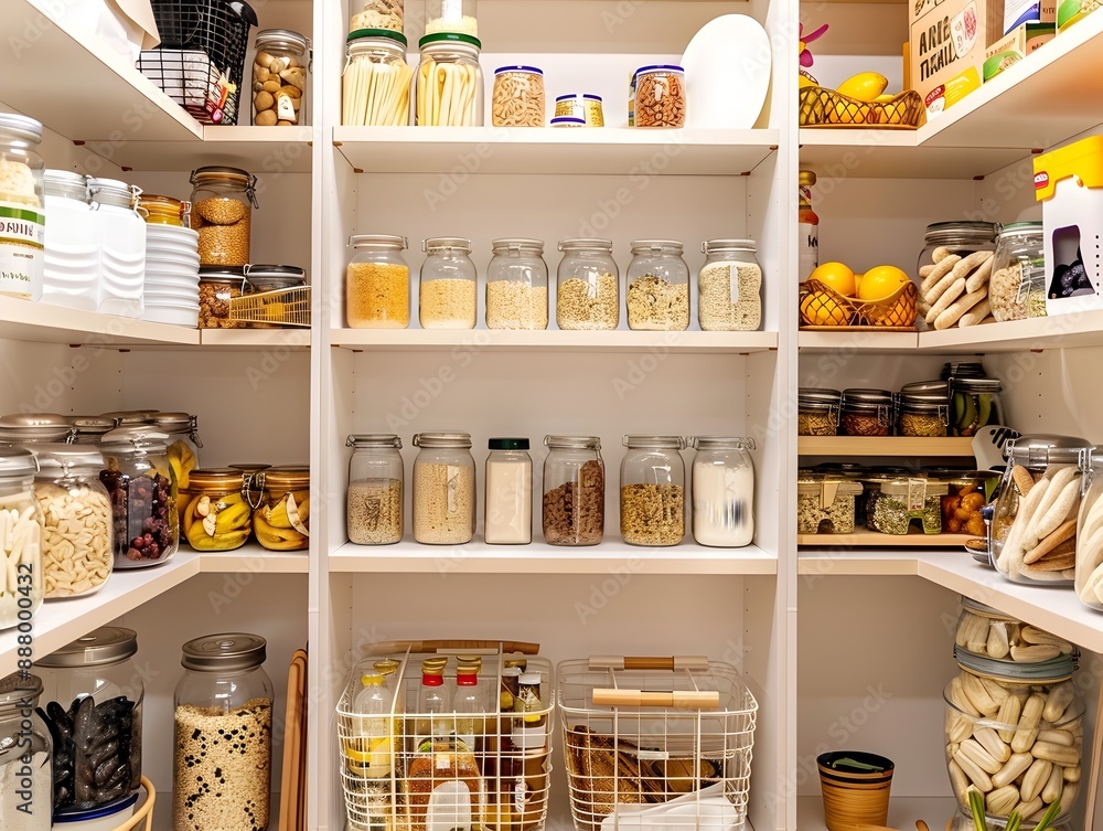 Neatly Organized Pantry Shelves with Variety of Jars and Containers for Efficient Kitchen Storage and Cooking