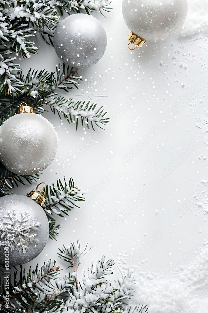 Christmas ornaments, pine branches, and cones on a white background with space for text. Perfect for holiday promotions, greeting cards, or festive design projects Christmas ornaments, pine branches, and cones on a white background with space for text. Perfect for holiday promotions, greeting cards, or festive design projects