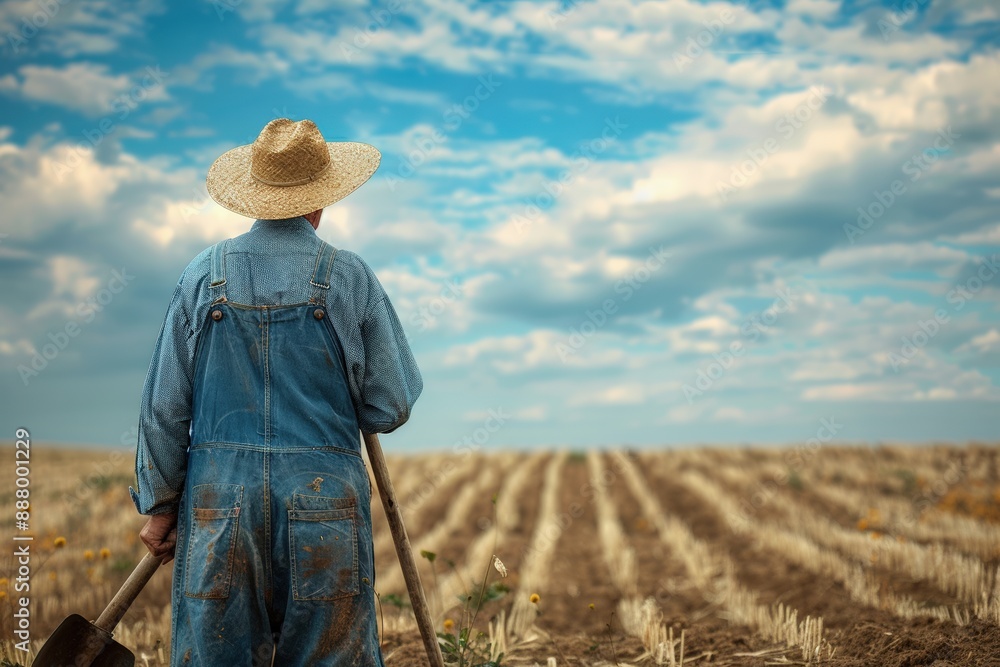 Senior farmer standing with shovel and rake looking at plowed field Senior farmer standing with shovel and rake looking at plowed field