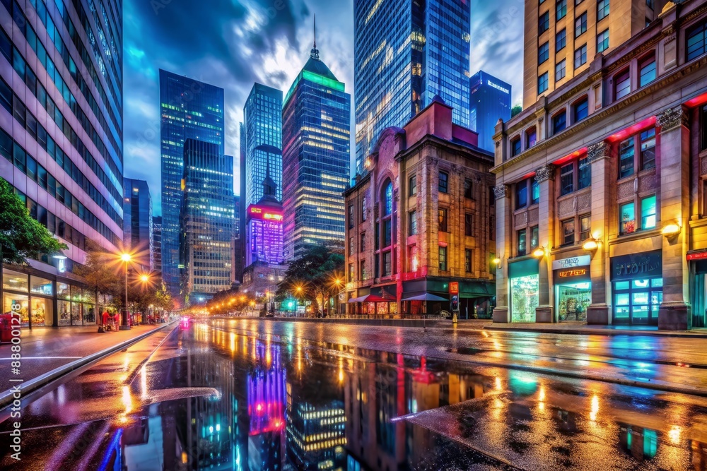 Obraz premium Vibrant cityscape at night with sleek skyscrapers and historic buildings aglow, majestic neon lights reflecting off wet pavement on a deserted urban street.
