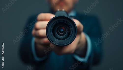 Close-up shot of a person holding a camera lens, capturing the essence of photography and the art of focusing. © Anatthaphon