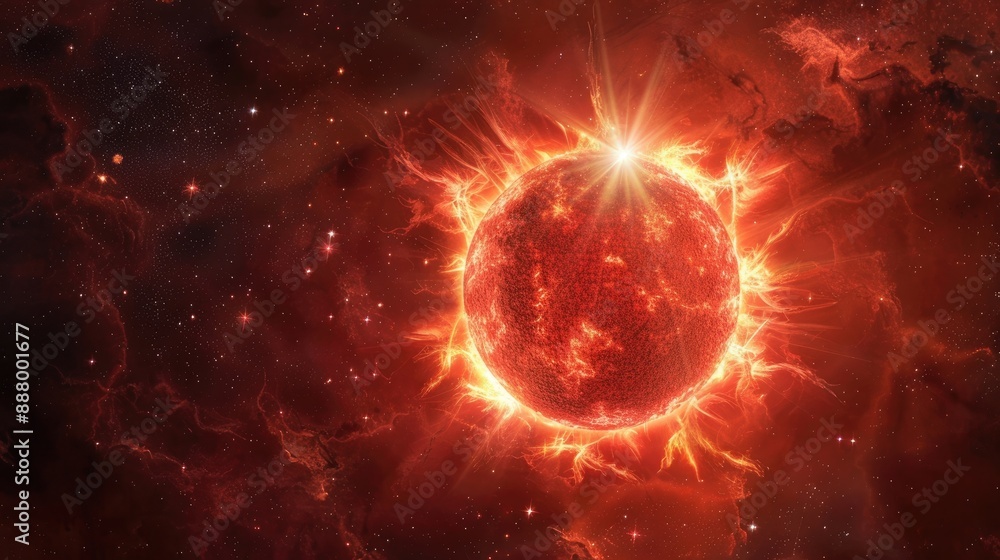 A close-up of a red giant star, with its swollen atmosphere and surrounding stars. A close-up of a red giant star, with its swollen atmosphere and surrounding stars.