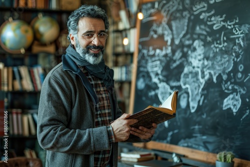 Middle eastern teacher holding book and smiling in classroom