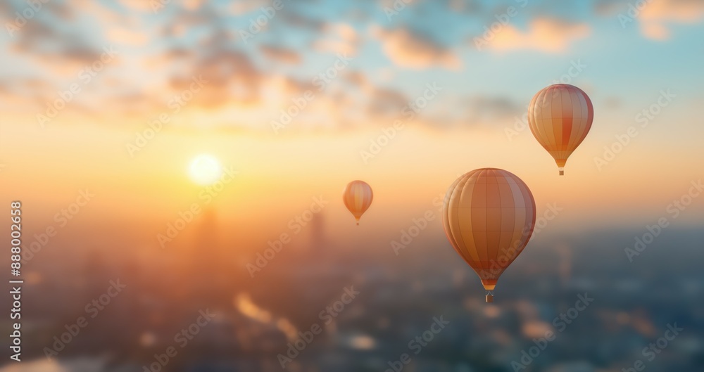 Fototapeta premium Balloons, floating over a cityscape at sunset, whimsical adventure