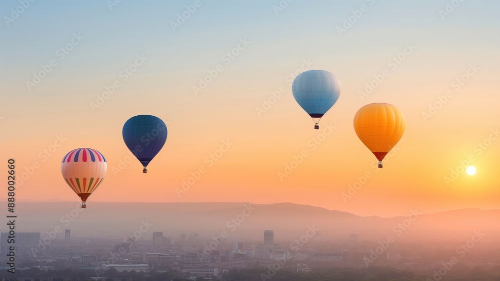 Naklejka premium Balloons, floating over a cityscape at sunset, whimsical adventure