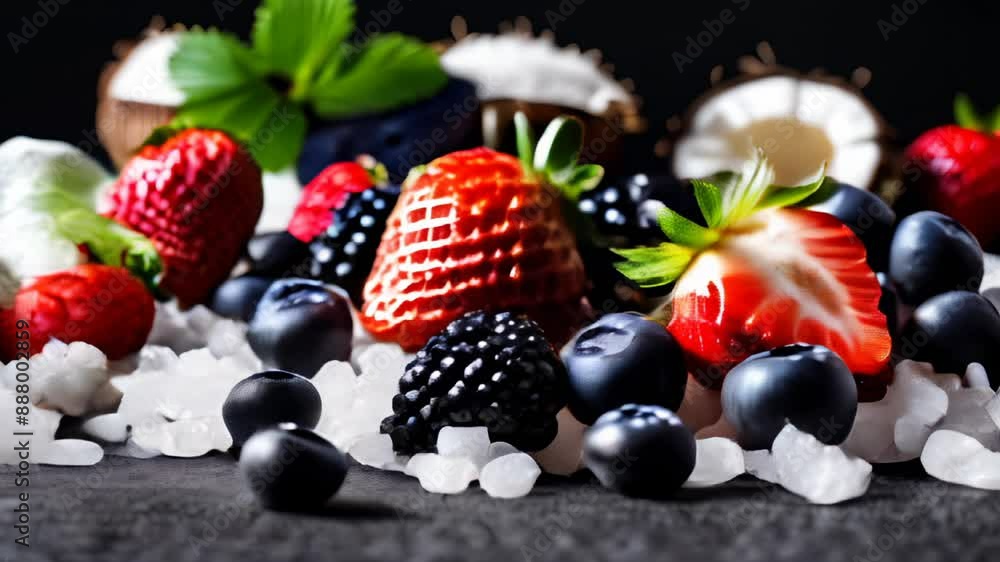 Fruits and berries on ice ready for a refreshing summer treat Fruits and berries on ice ready for a refreshing summer treat