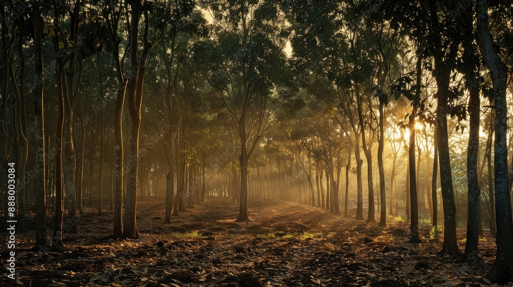 Naklejka premium Rubber Tree Farm in Rural Area at Sunset with Text Space
