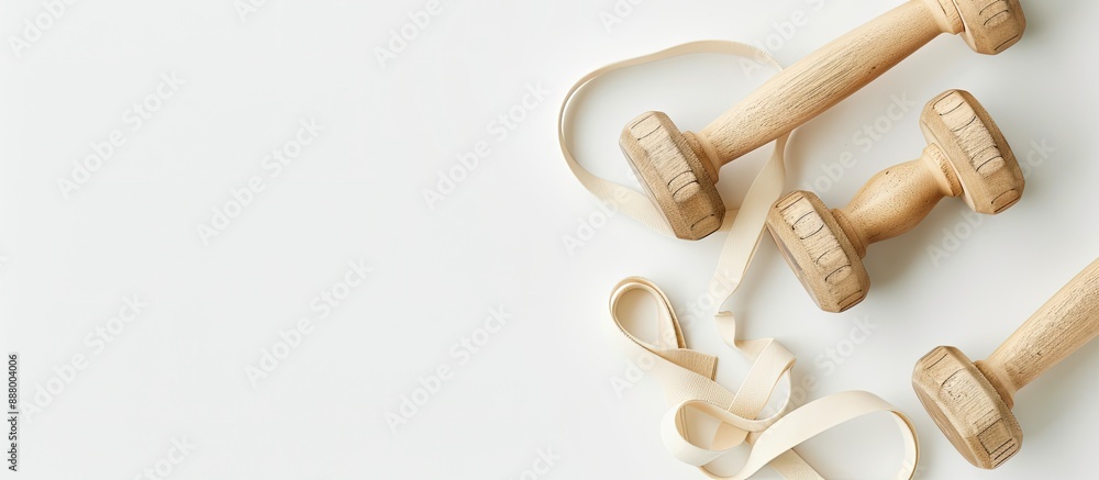 View from above of small dumbbells and a rubber band on a blank background for text in the image. Copy space image. Place for adding text and design View from above of small dumbbells and a rubber band on a blank background for text in the image. Copy space image. Place for adding text and design