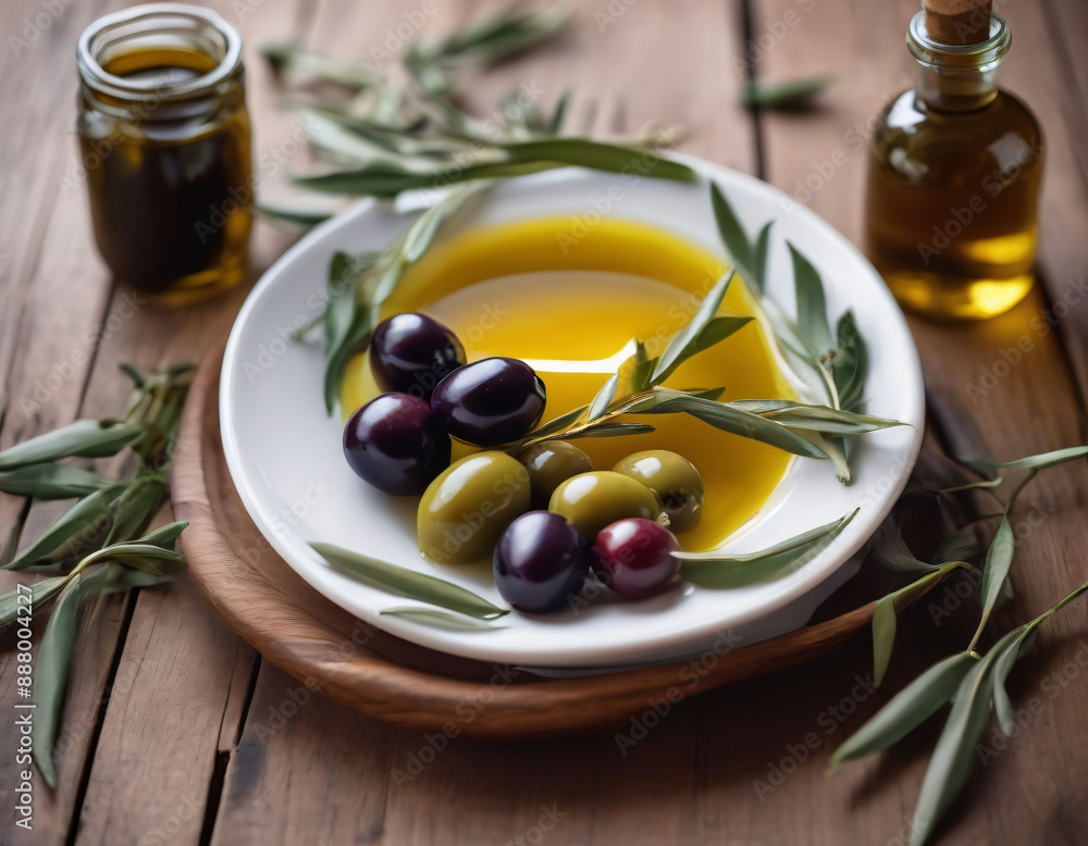 Olives on a plate on a wooden table, next to a container of olive oil. Olives on a plate on a wooden table, next to a container of olive oil.