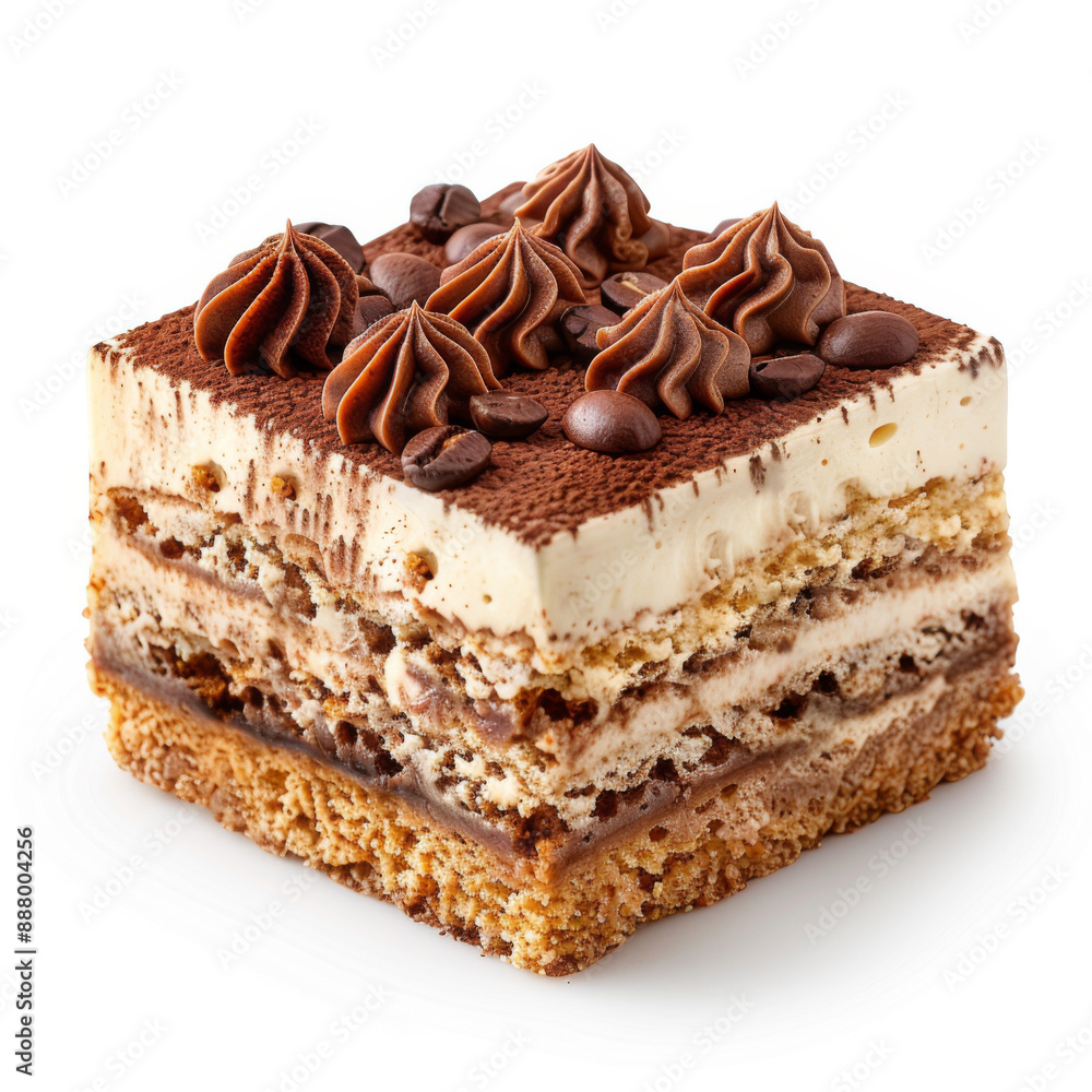 A delicious slice of layered tiramisu dessert, topped with chocolate and cream, on a white background. A delicious slice of layered tiramisu dessert, topped with chocolate and cream, on a white background.