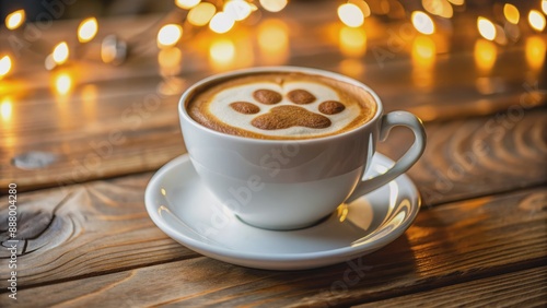 Adorable dog paw latte art in a white mug sits on a rustic wooden table at a cozy pet cafe, surrounded by warm ambiance and soft lighting. photo