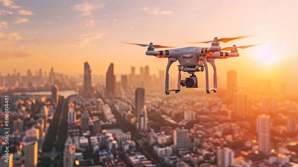 A drone flying over a cityscape, capturing aerial footage and data. A drone flying over a cityscape, capturing aerial footage and data.
