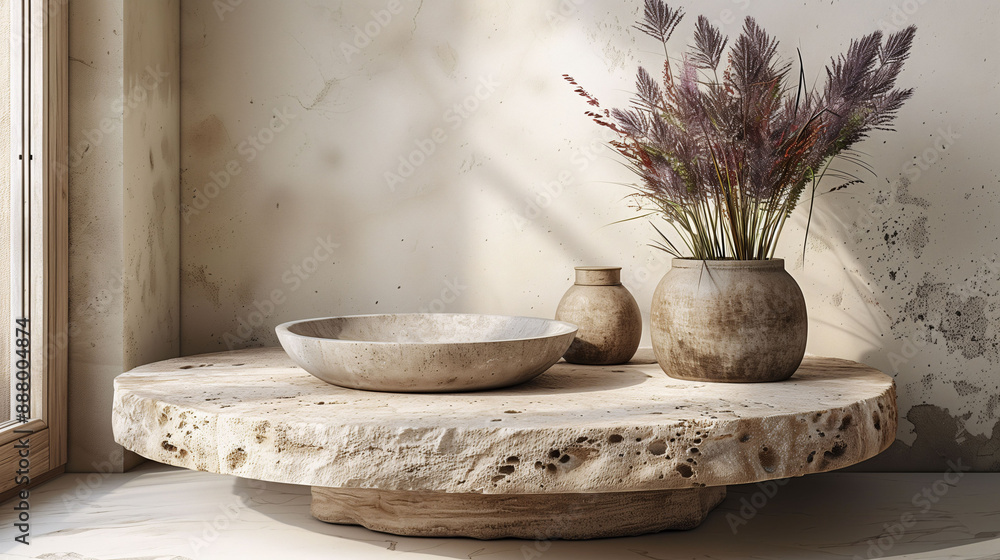 A rustic stone table with a bowl and two vases, one containing dried flowers, placed near a window with natural light. A rustic stone table with a bowl and two vases, one containing dried flowers, placed near a window with natural light.