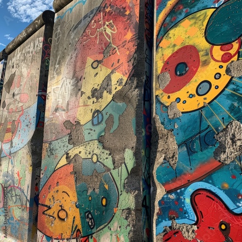 A close-up of the Berlin Wall, covered in graffiti, with people celebrating its fall. photo