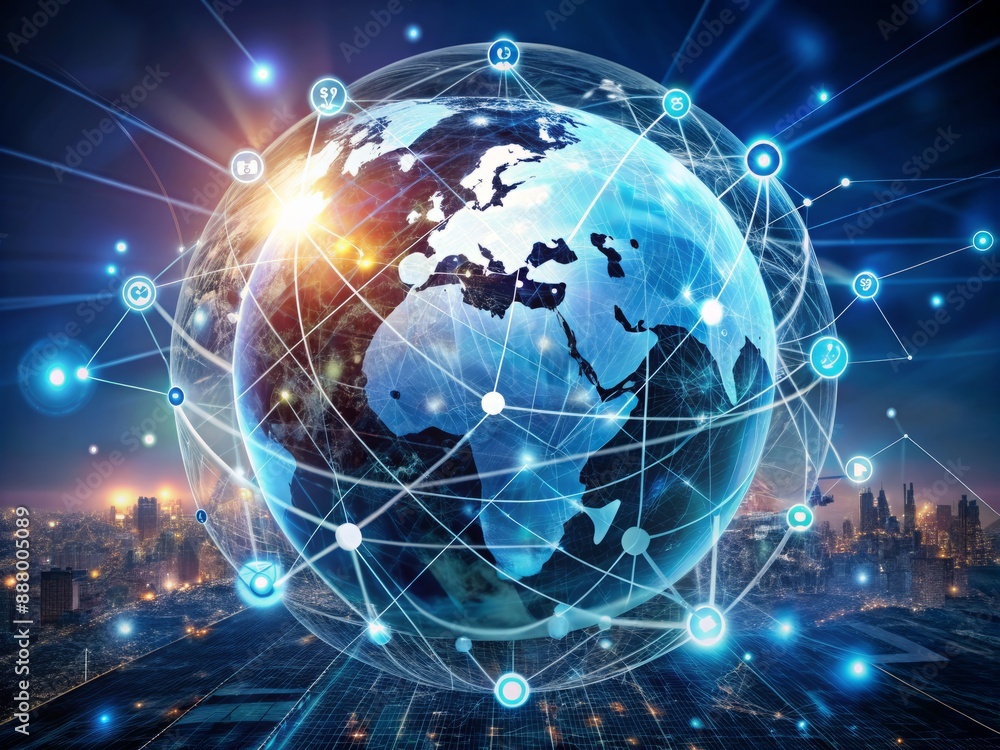 A futuristic global business globe surrounded by glowing network lines and digital marketing icons, symbolizing innovative solutions for business development and creative growth. A futuristic global business globe surrounded by glowing network lines and digital marketing icons, symbolizing innovative solutions for business development and creative growth.