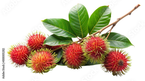 branch of a rambutan with leaves isolated on white background.