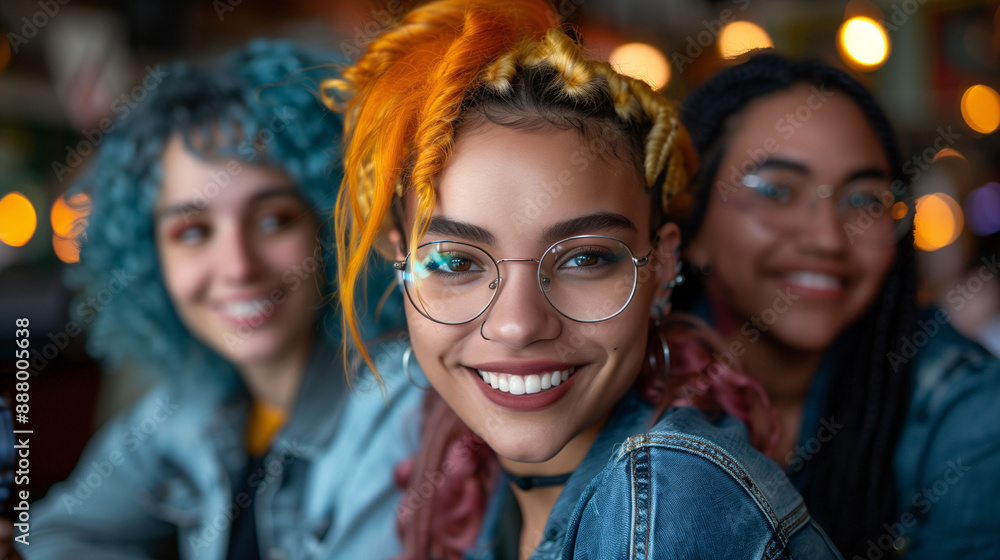 Obraz premium Three young women with colorful hairstyles and glasses smiling and posing together in a casual setting with warm lighting.