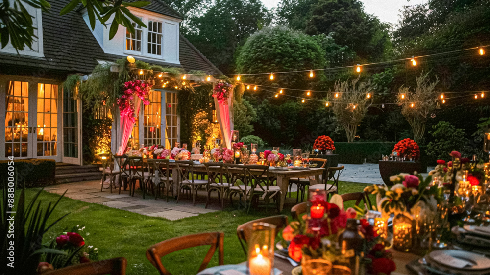 Fototapeta premium Summer party celebration in the garden, outdoor lounge and countryside house patio decor, English country cottage house design idea
