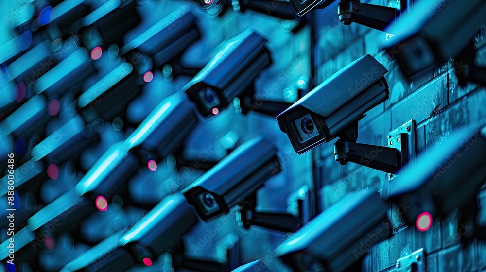 A high-tech security system with surveillance cameras and motion sensors. A high-tech security system with surveillance cameras and motion sensors.