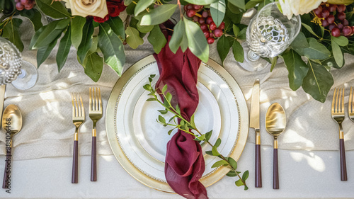 Table decor in a summer garden, holiday tablescape and dinner table setting, formal event decoration for wedding, family celebration, English country and home styling idea photo