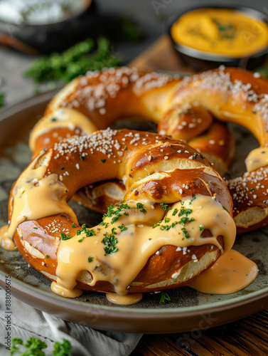 Pretzels with cheese sauce garnished with herbs, October food for global market, Octoberfest Germany photo