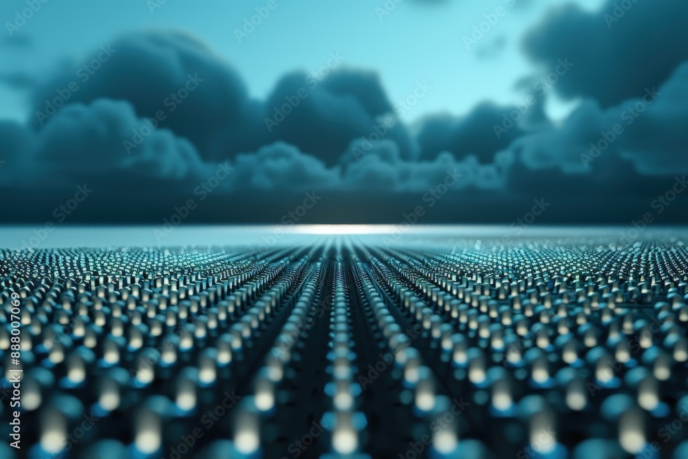 Fototapeta premium Abstract futuristic landscape with glowing orbs and ominous clouds in the background, depicting a sci-fi and digital concept.