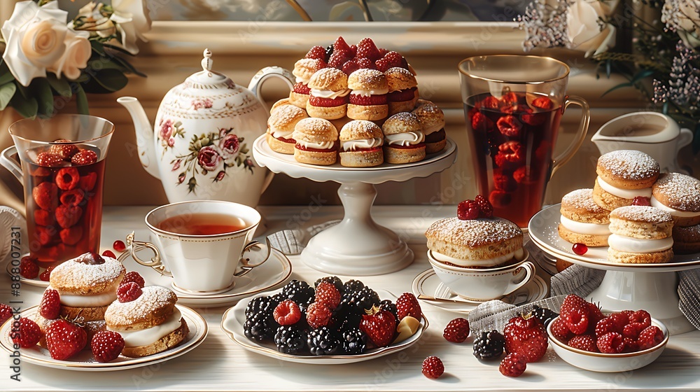 Traditional British afternoon tea scene with elegant tiered trays of scones finger sandwiches and delicate pastries rendered in hyper realistic style against a backdrop of fine china and floral motifs Traditional British afternoon tea scene with elegant tiered trays of scones finger sandwiches and delicate pastries rendered in hyper realistic style against a backdrop of fine china and floral motifs