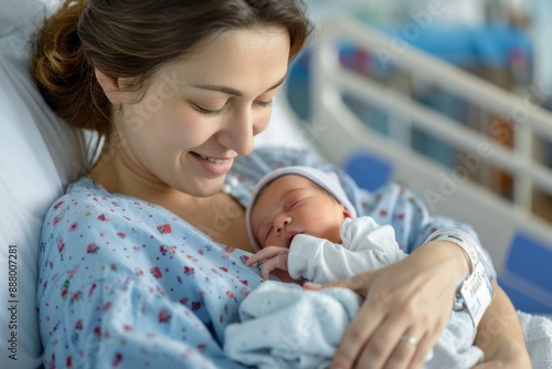 Mother smiling while holding her newborn baby on hospital bed.