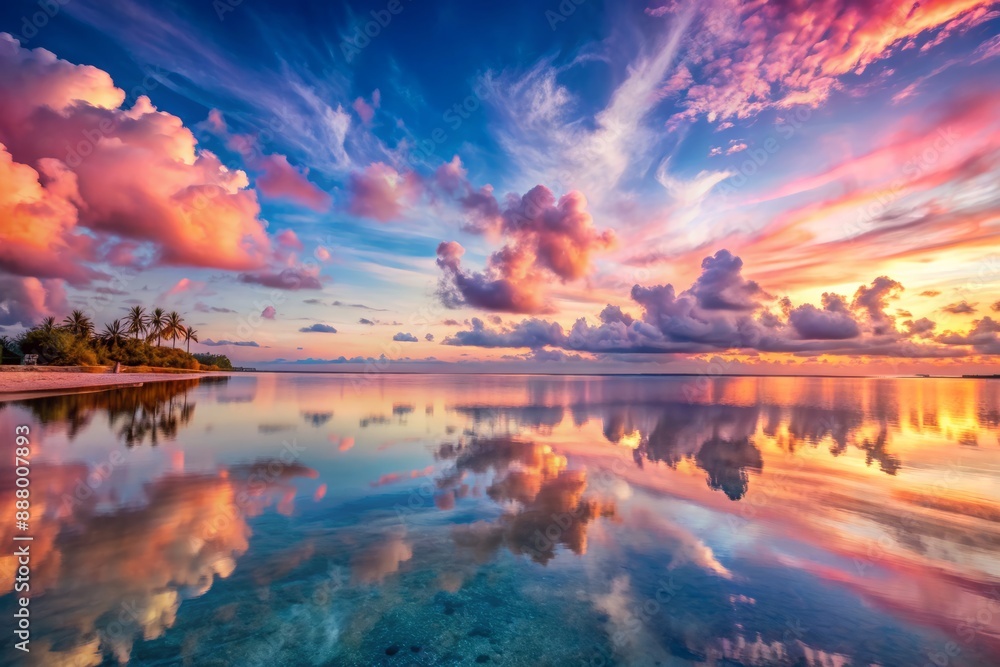 Serene pink sky mirrored on tranquil ocean waters, creating a breathtaking scene of natural beauty, evoking feelings of peace and relaxation, ideal for travel promotions. Serene pink sky mirrored on tranquil ocean waters, creating a breathtaking scene of natural beauty, evoking feelings of peace and relaxation, ideal for travel promotions.