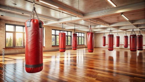 Wallpaper Mural Red leather punching bag hangs from ceiling in empty room with mirror and wooden floors, perfect setting for intense kickboxing, Muay Thai, and Taekwondo workouts. Torontodigital.ca