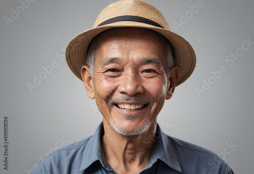 Portrait view of a regular happy smiling Vietnam old man, ultra realistic, candid, social media, avatar image, plain solid background