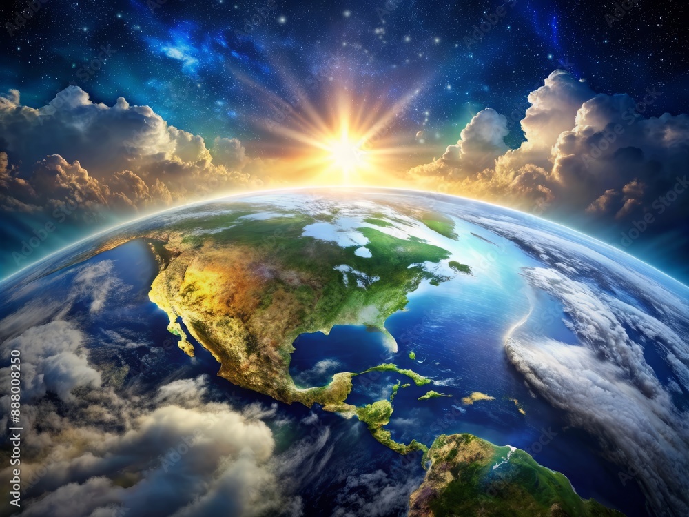 Breathtaking image of Earth from space showcases sunlit mountain ranges, illuminated clouds, and vast blue oceans, perfect for science and educational materials backgrounds. Breathtaking image of Earth from space showcases sunlit mountain ranges, illuminated clouds, and vast blue oceans, perfect for science and educational materials backgrounds.