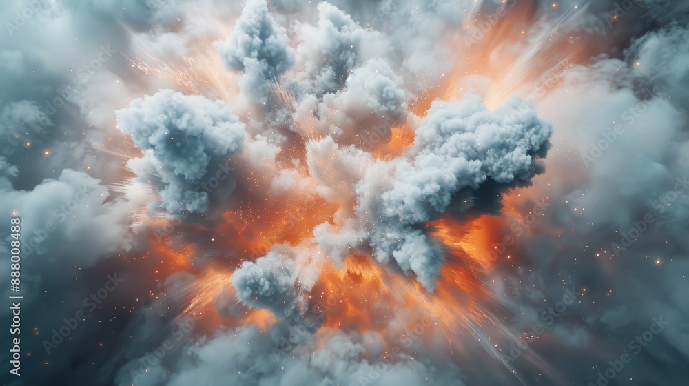 Dramatic explosion with fiery orange and grey smoke clouds, capturing the raw power and intensity of a powerful blast in vivid detail Dramatic explosion with fiery orange and grey smoke clouds, capturing the raw power and intensity of a powerful blast in vivid detail